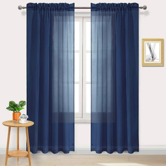 Navy Sheer Curtain Set with Wooden Tiebacks & Leather Curtain Rod Holders - Picture 2 of 9